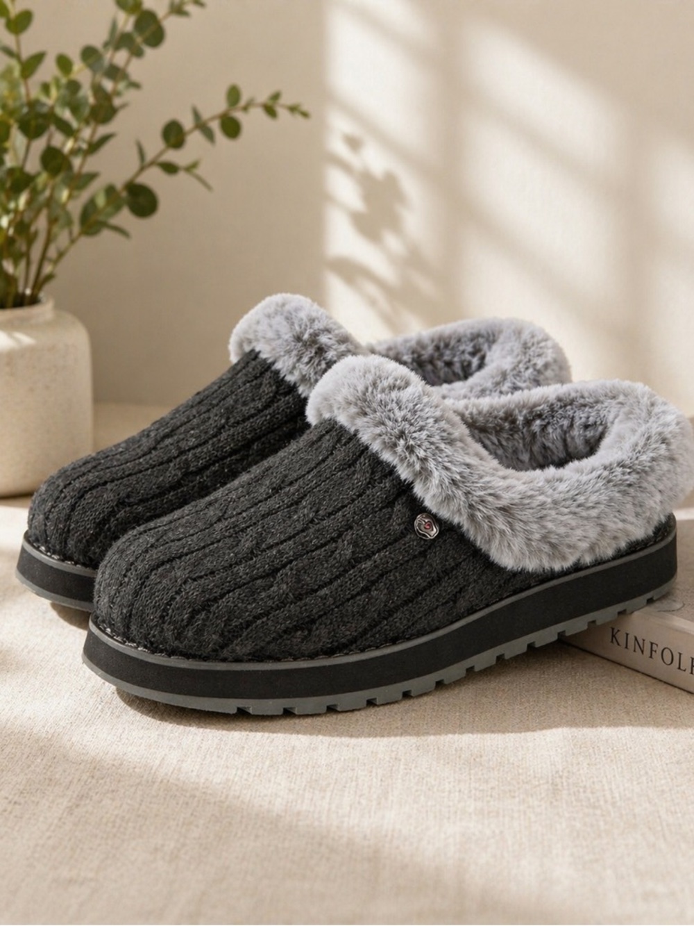 Skechers Gray Knit Faux-Fur Lined Slip-On Clog